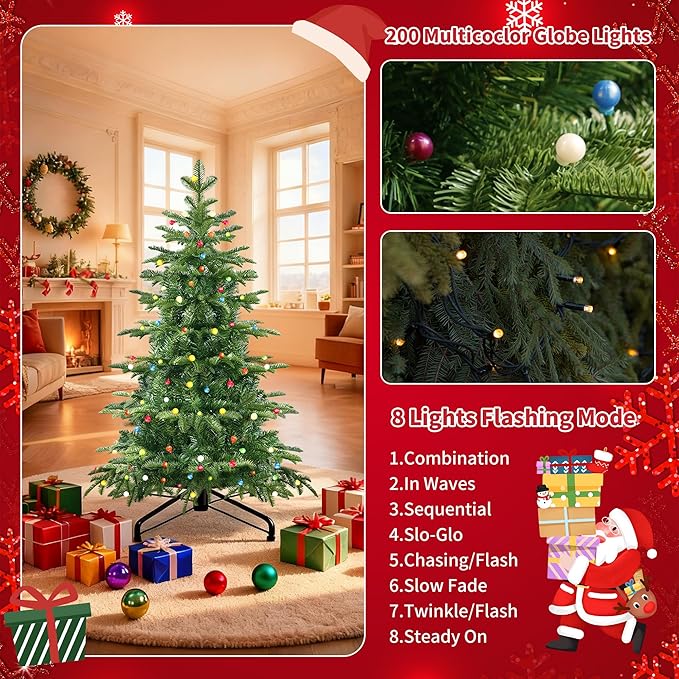 4Ft Prelit Artificial Christmas Tree, Lighted Aspen Fir Christmas Tree with Multicolor Global Lights and Metal Stand, Slim PE & PVC Mixed Layered Xmas Tree for Holiday Home Decor