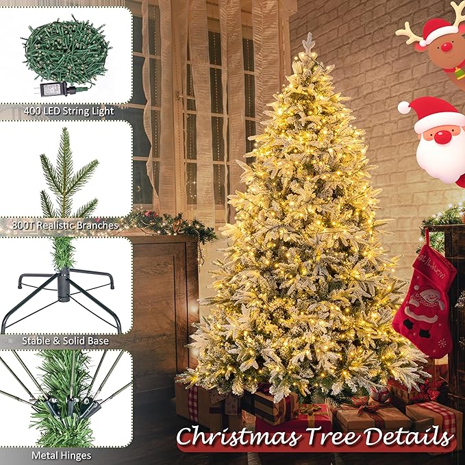 Sunnyglade 6ft Artificial Snow Flocked Christmas Tree with 400 LED Lights (Not pre-lit), Xmas Tree Full Tree with 800 Branch Tips & 11 Modes Light, RGB & Warm White Light, Foldable Stand for Home