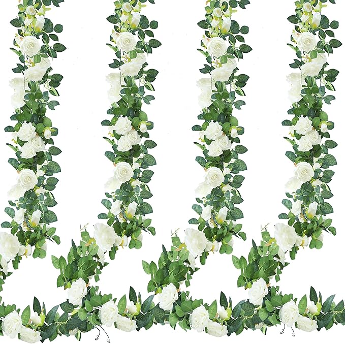 Sggvecsy 4Pcs 31Ft Artificial Rose Vine Fake Flower Garland Floral Garland Faux Silk Hanging Vine Rose Ivy Vines for Wedding Arch Party Wall Garden Ceremony Background Outdoor Decor (White)