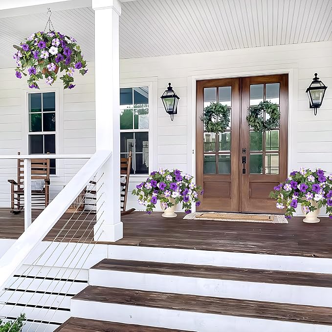 Artificial Hanging Fake Flowers with Basket Plants for Outdoor Decoration, Faux Silk Flower UV Resistant Morning Glory for Home Porch Patio Garden Balcony Yard Look Real (Purple White)