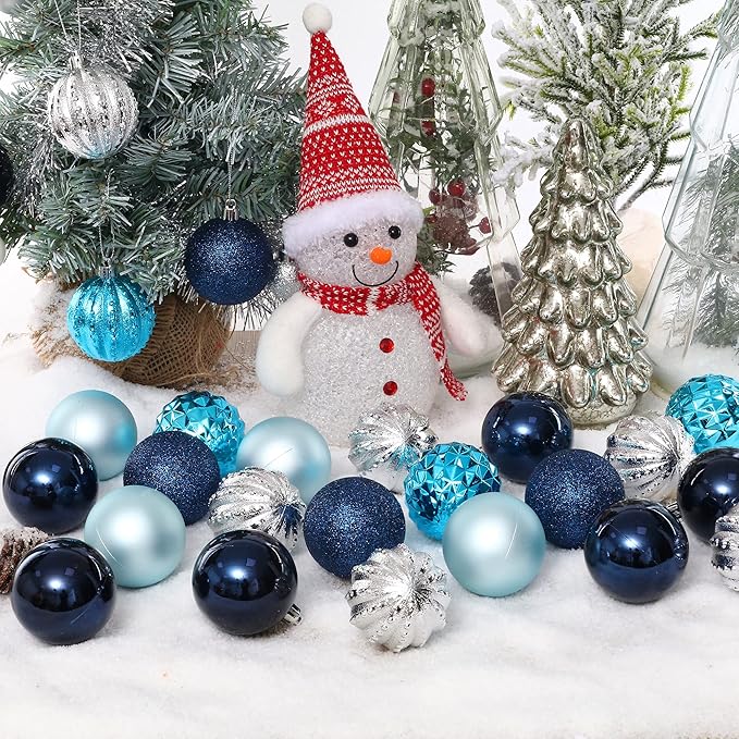 45Pcs 6cm/2.36inch Christmas Balls Glitter Ornaments Set, Shatterproof Plastic Xmas Tree Hanging Ornament, Christmas Decorations Balls for Holiday Festival Wedding House Bar Party(Navy/Blue/Silver)