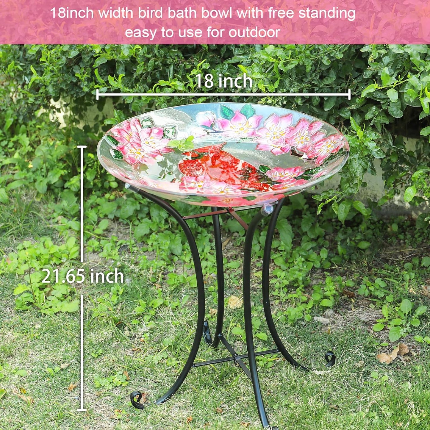 MUMTOP Outdoor Glass Birdbath with Metal Stand for Outside Lawn Yard Garden Cardinal Decor,18” Dia/21.65 Height