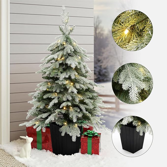 LuxenHome 4.5FT Potted Christmas Tree, Downswept Branches Prelit Small Christmas Tree with 100 LED Lights, Natural Slim Fir Trees Pre-lit with Black Square Pot for Porch, Entryway Holiday Display