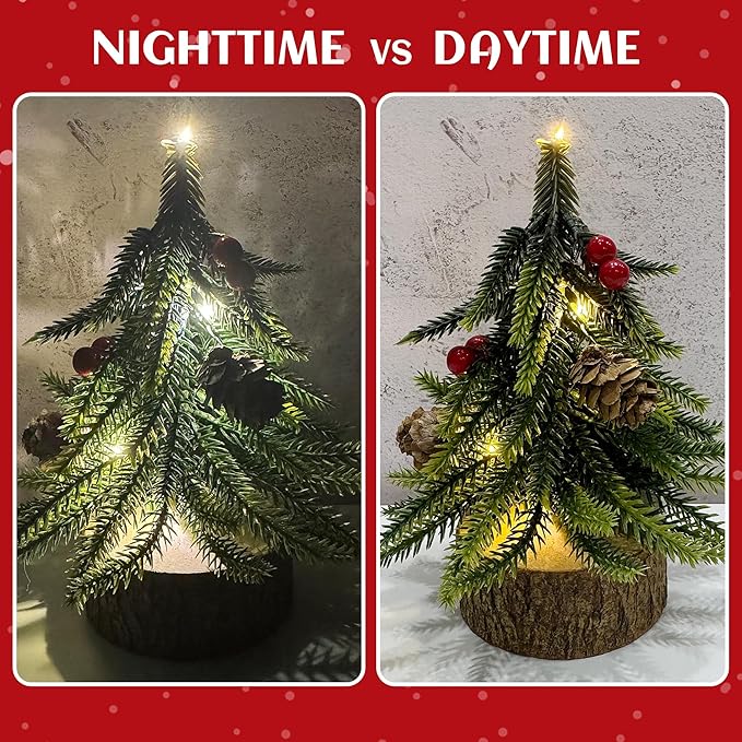 2 Pack Artificial Christmas Tabletop Mini Pine Trees, 6.5 in Tall Lighted Holiday Decorations with Wooden Base, Red Berries, Pine Cones for Home Table Windowsill Office Desk Desk Mantel