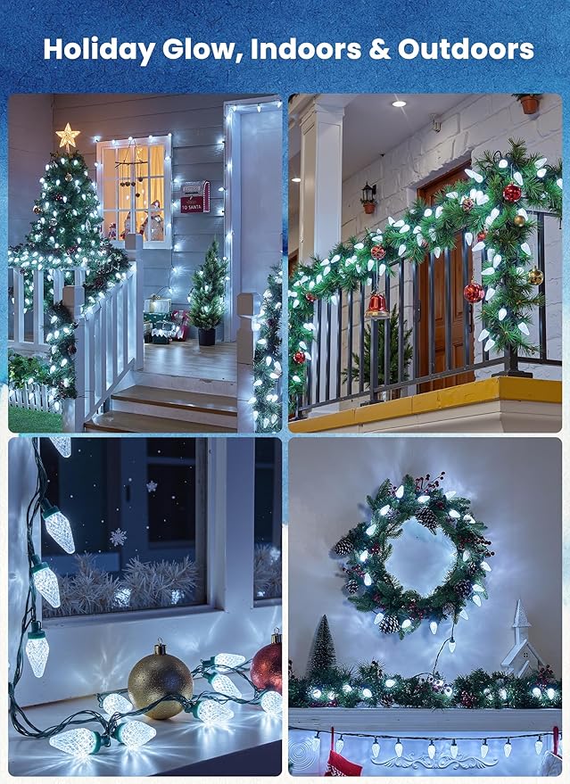 C9 LED Christmas Lights Outdoor, 81 Feet 100 LED String Light with Timer & 8 Lighting Mode, Waterproof Commercial Grade Christmas Tree Lights for Outside Indoor Roofline Patio, Pure White|2 Pack