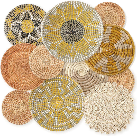 Tatuo 11 Pcs Boho Wall Basket Decor Decorative Bulrush Woven Basket Wall Decor Art Round Farmhouse Hanging Baskets for Kitchen Rustic Home Summer Decorations, Multi Sizes(Lively)