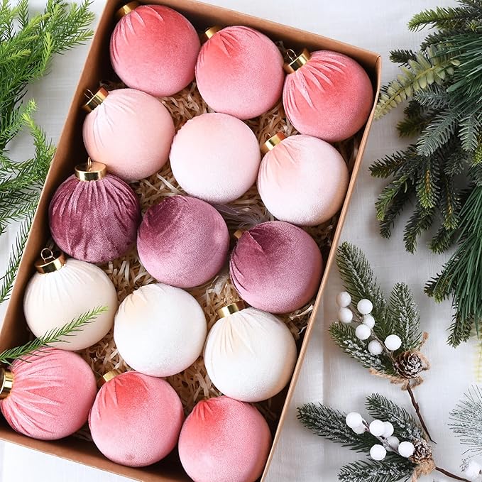 Velvet Christmas Ornaments Balls for Tree - 15pcs Pink Christmas Ornaments Shatterproof for Xmas Decorations - Multicolor Pink & Beige 80mm 3.15inch