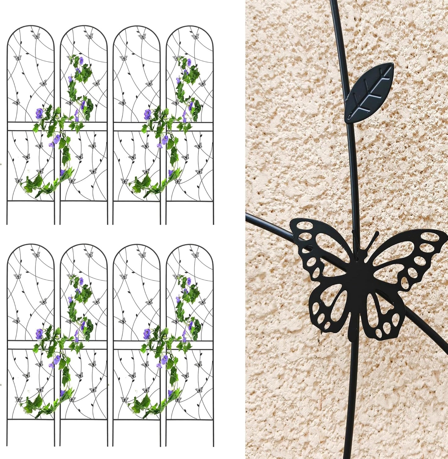 8 Pack Metal Garden Trellis for Climbing Plants, 86.7" Tall Rustproof Outdoor Trellis Panel with Butterfly Design, Decorative Black Iron Plant Support for Vine, Rose, Flower, Garden Wall