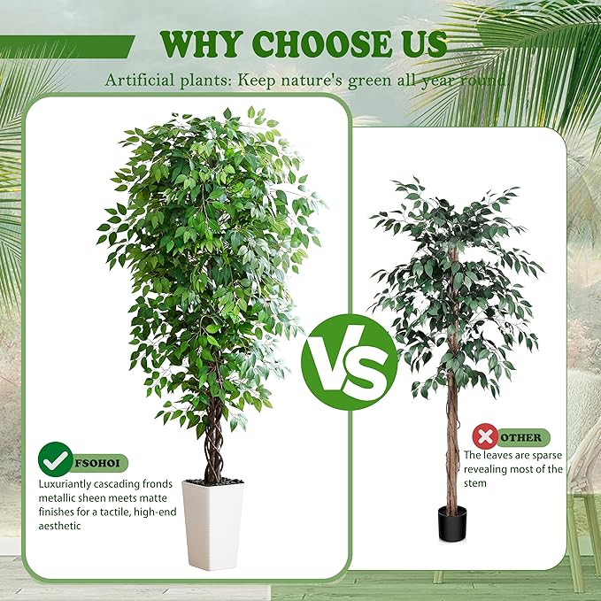 Artificial Ficus Tree 7FT Faux Plants Indoor Tall Fake Plants with White Tall Planter, Green Lifelike Lush Fake Ficus Tree for Home Living Room Bedroom Outdoor Balcony House Office Decor