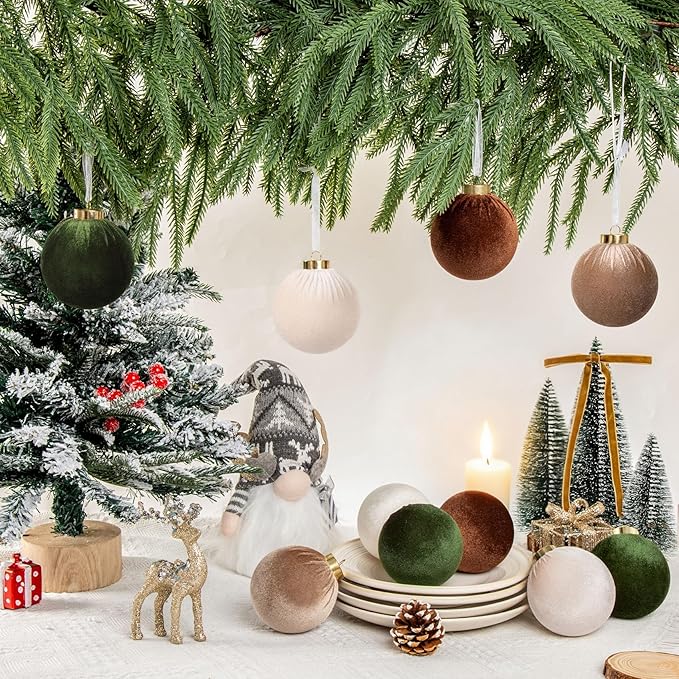 24 Pack Velvet Christmas Ornaments Set, 3.15 Inch Large Neutral Christmas Ball Ornaments Shatterproof Flocked Hanging Balls with Velvet Bows for Xmas Tree Garland Wreath Holiday Home Decor