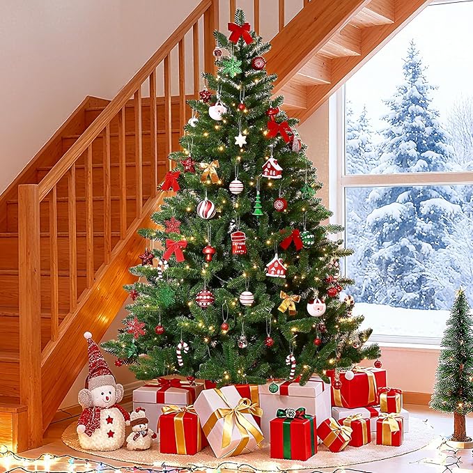 SHareconn 80ct Christmas Balls Ornaments Set, Shatterproof Plastic Colorful Xmas Decorative, Baubles for Tree Decorations with Hanging Strings, Red, Green & White