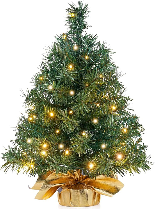JOIEDOMI 24"/2FT Small Tabletop Christmas Tree with LED Warm Lights, Table Top Christmas Decorations Pre-lit Artificial Xmas Tree, Green Mini Tree for Christmas Decorations Indoor Xmas Party Décor
