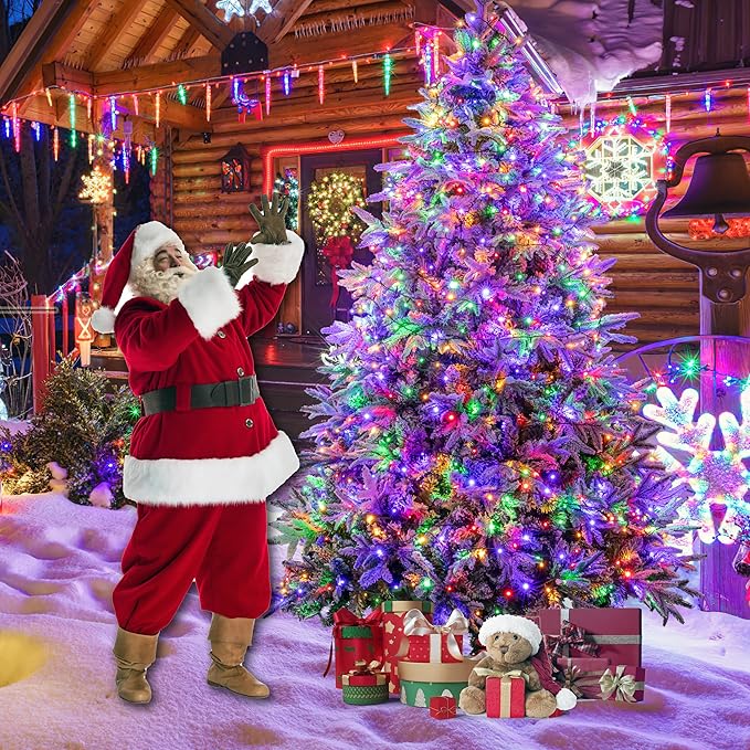 Sunnyglade 7.5ft Artificial Snow Flocked Christmas Tree with 600 LED Lights (Not pre-lit), Xmas Tree Full Tree with 1422 Branch Tips & 11 Modes Light, RGB & Warm White Light, Foldable Stand for Home