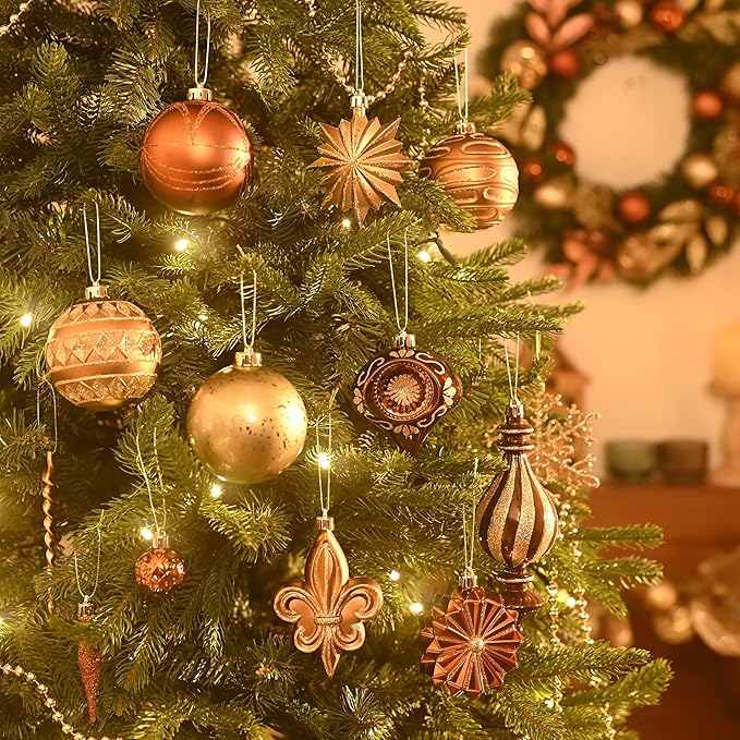 Valery Madelyn Ornaments for Christmas Trees, 60ct Bronze Copper Brown and Gold Shatterproof Christmas Tree Decorations, Luxury Hanging Ball Ornaments Bulk for Thanksgiving Autumn Harvest Decor