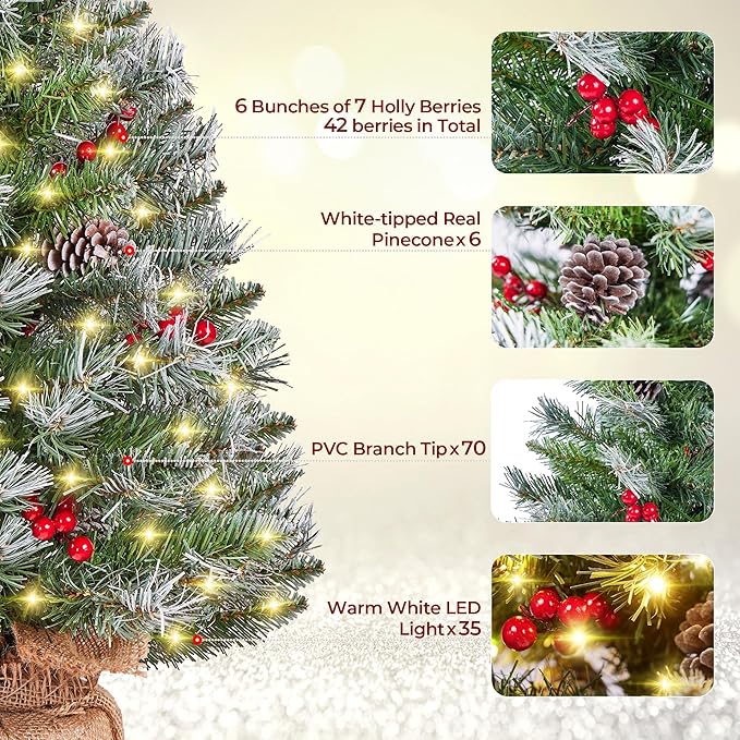 Yaheetech Set of 2 Pre-Lit Artificial Mini Christmas Tree, 2ft Frosted Tabletop Small Christmas Tree with LED Lights, Red Berries & Natural Pinecones for Holiday Decoration