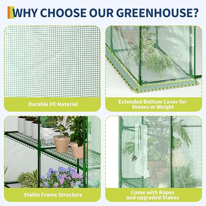 Greenhouses for Outdoors with 12 Wire Shelves, 4.7 x 4.7 x 6.4 ft Portable Greenhouse with Thicken PE Cover, Roll-up Zipper Door, Walk-in Green Houses for Seedling Flowers Growing