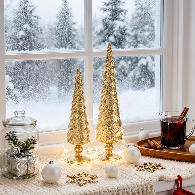 2Pcs Christmas Tree Figurines, Gold Resin Christmas Trees with Spiral Design, Small Decorative Tabletop Trees for Mantel, Modern Holiday Home Decor for Living Room, Office, Shelf, Festive Centerpiece