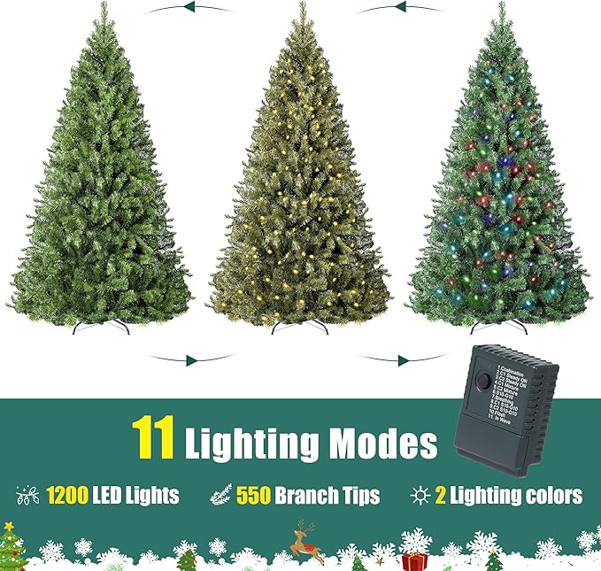Annecy 7.5ft Pre-Lit Christmas Tree, Green Artificial Full Spruce Christmas Tree for Home, Office, Party Decoration w/ 1200 Branch Tips, 550 Warm White & Multi-Color Lights, Metal Hinges & Base,7.5 ft