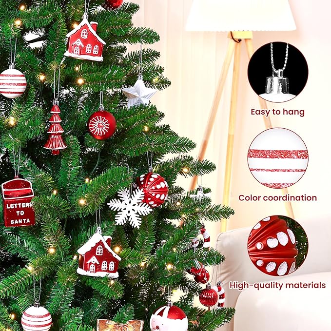 SHareconn 80ct Christmas Balls Ornaments Set, Shatterproof Plastic Colorful Xmas Decorative, Baubles for Tree Decorations with Hanging Strings, Red & White