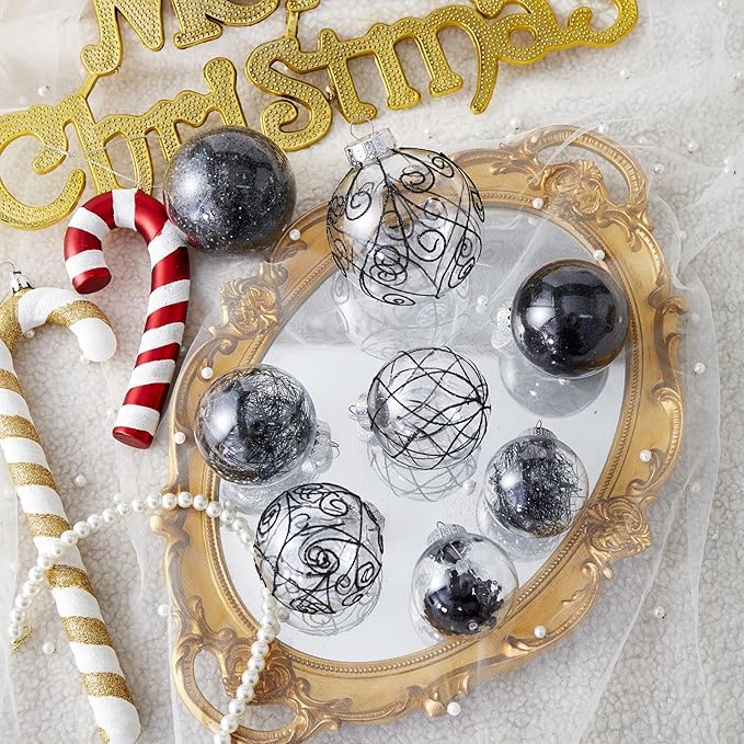 Wironlst Christmas Ball Ornaments Shatterproof Clear Large Plastic Hanging Ball Decorative Baubles Set with Stuffed Delicate Decorations (Multi-Size, Black)