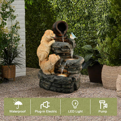LuxenHome Outdoor Water Fountain, 26 Inch Puppy and Rock Resin Water Fountains Indoor with LED Lights, Farmhouse Waterfall Outdoor, Indoor Fountains and Waterfalls for Patio, Garden Decor
