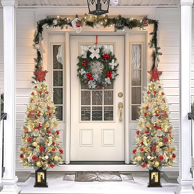 GarveeHome 4.5 ft Pre-Lit Flocked Artificial Christmas Tree with Pine Cones, Artificial Xmas Tree w/ 386 Branch Tips & 200 Lights, Snowman Base for Home, Party Decoration,2 PCS