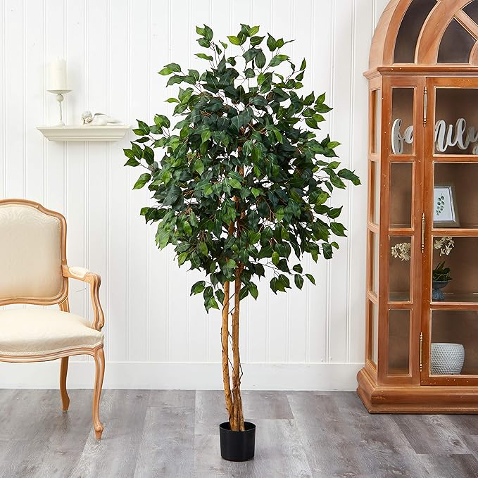 Nearly Natural 5ft Triple Trunk Artificial Ficus Tree with Natural Wood Trunks, Fake Tree for Indoor Home Décor, Faux Ficus Tree with Black Nursery Pot