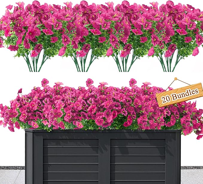 Artificial Flowers for Outdoors Decoration,20 Bundles Fake Morning Glory Petunias for Outside Artificial Faux Plants for Home Porch Patio Balcony Planter Yard Garden Light Purple