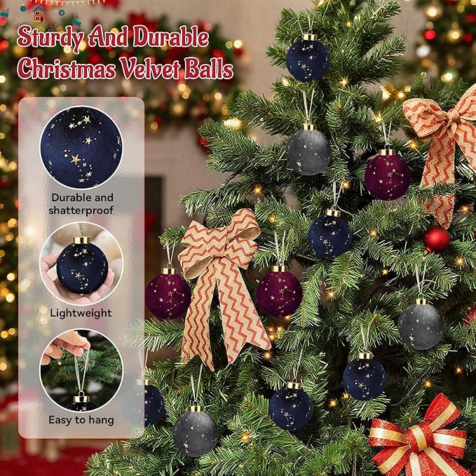 Christmas Tree Ornaments Velvet Balls - 12 Pcs Shatterproof Christmas Tree Hanging Bulbs Decorations Set for Holiday Party Xmas - Multicolor Rouge Blue Grey - 3.15 Inch (80mm)