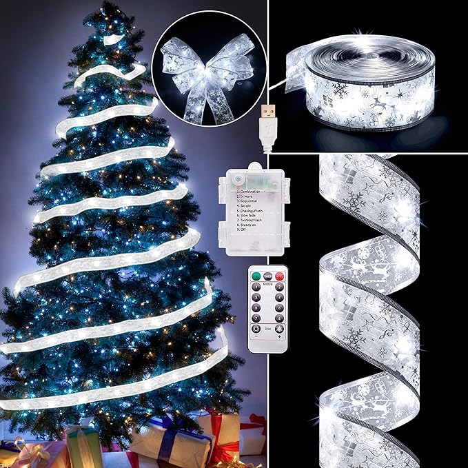 Christmas Decorations, 2.5Inch x 33Ft 100 Led Christmas Tree Ribbon Lights with Remote Control, Battery Operated & USB Powered 8 Lighting Modes Fairy String Lights with Timer for Xmas Decor