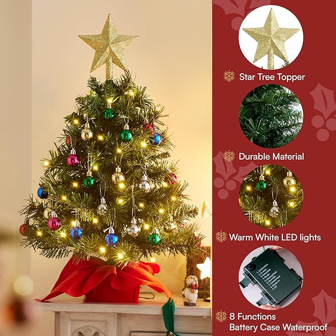 Joiedomi 24"/2FT Mini Christmas Tree Tabletop Set with Clear LED Lights, Artificial Mini Christmas Tree with Star Treetop and Hanging Ornaments, Best DIY Xmas Decorations