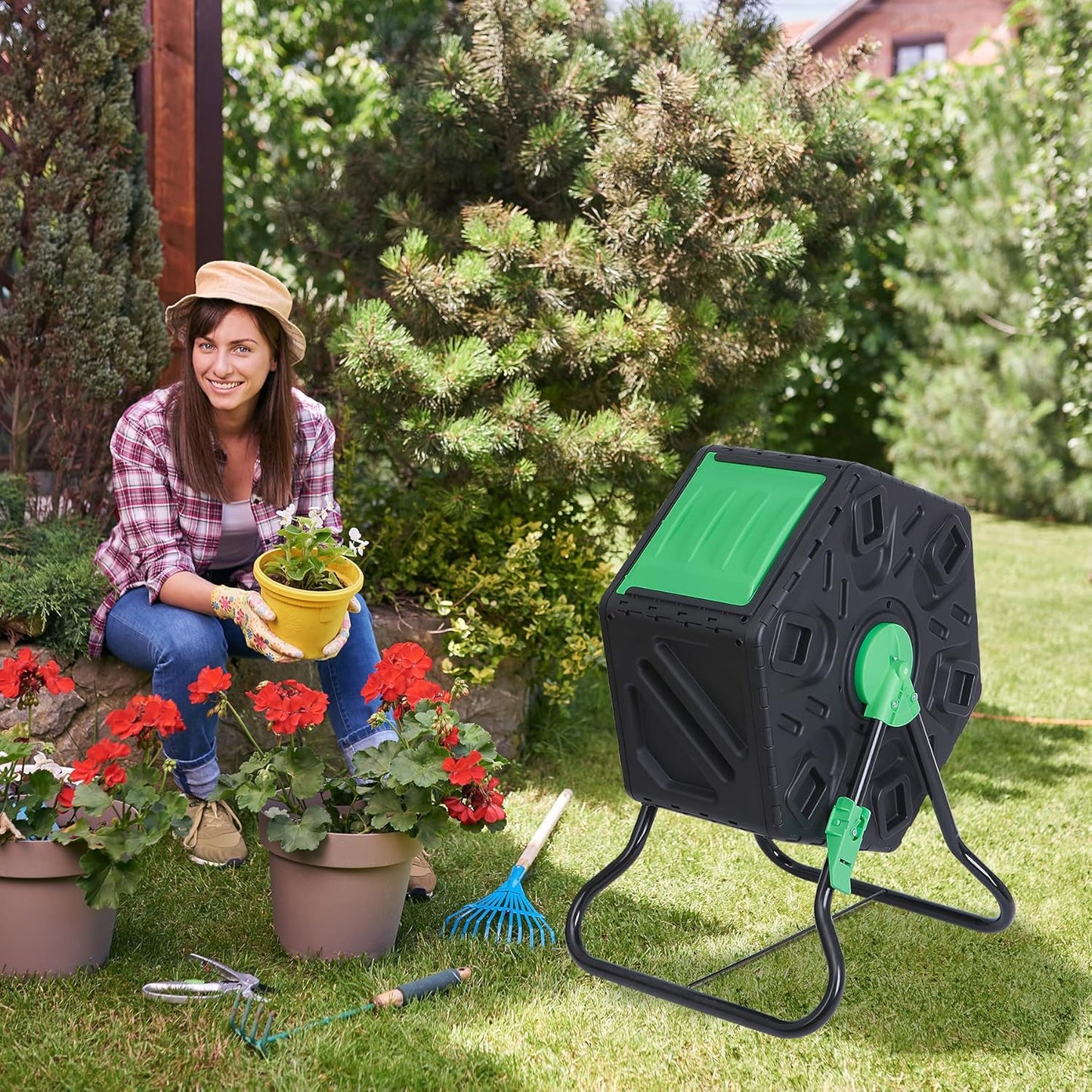 F2C 18.5 Gallon Compost Tumbler Compost Bin All-Season Outdoor BPA Free Single Rotating Chamber Composters w/ 2 Sliding Doors and Solid Steel Frame