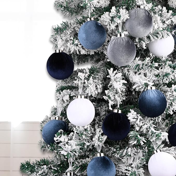 Velvet Christmas Ornaments Balls for Tree - 15pcs Blue Shatterproof Christmas Ornaments for Xmas Decorations - Multicolor Royal Dusty Blue, 80mm 3.15inch