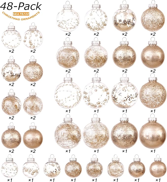 Sea Team Multi-Size Shatterproof Clear Plastic Christmas Tree Ball Ornaments Set, Decorative Hanging Transparent Xmas Baubles with Stuffed Delicate Decorations (48 Counts, Champagne)