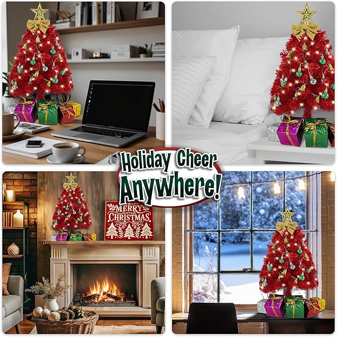 Small Red Christmas Tree with Lights - 23 Inch Mini Tabletop Christmas Tree with Warm-White LED Lights, Hanging Ornaments, Decorative Bow and Gift Boxes - Table Tree for DIY Christmas Decoration