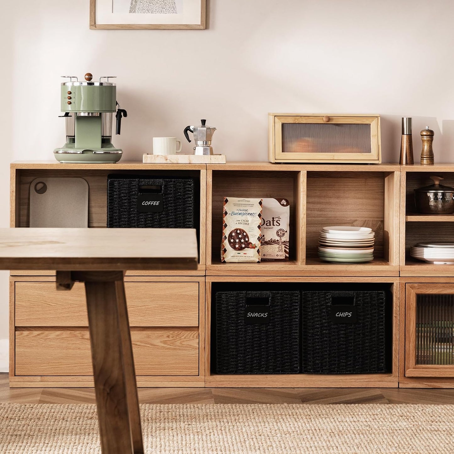 UBBCARE 4 Pack Wicker Basket, 13×13 Storage Cubes with Label, Foldable Cube Storage Bin with Handle, Square Storage Basket for Shelves, Woven Paper Rope Basket for Organizing, Black