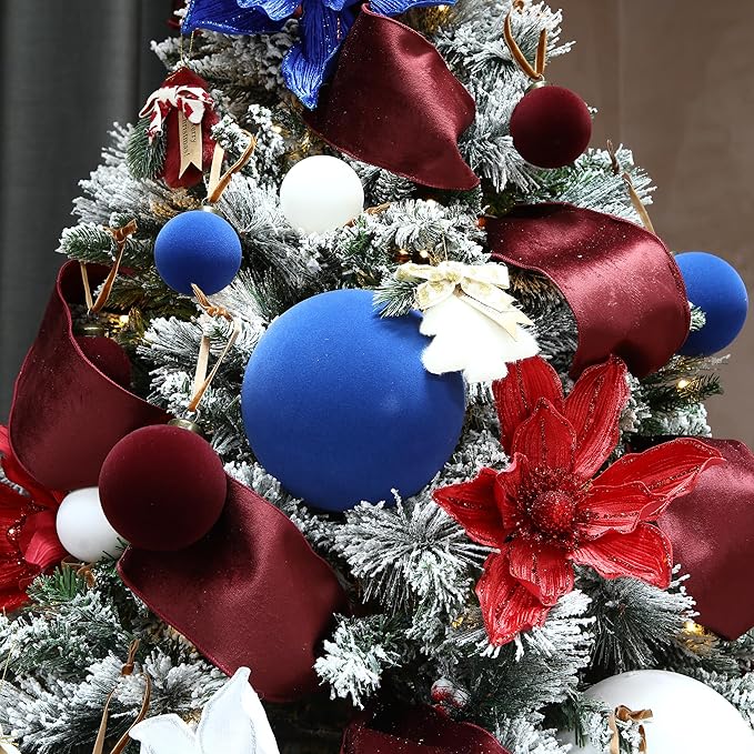 Sea Team 25-Pack Flocked Velvet Christmas Tree Ball Ornaments Set, Hanging Velour Baubles, Shatterproof Plastic Decorations for Xmas Tree, Wreath, Garland, 60mm/2.36 Inches, Burgundy