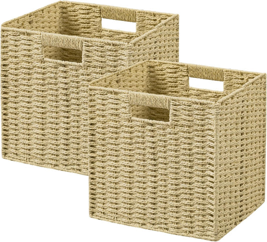 UBBCARE 2 Pack Wicker Basket,11L×11H×10.5W inch Woven Paper Rope Storage Baskets for Shelves, Foldable Cube Storage bin with Handle, Storage Basket for Organizing & Decor, Natural