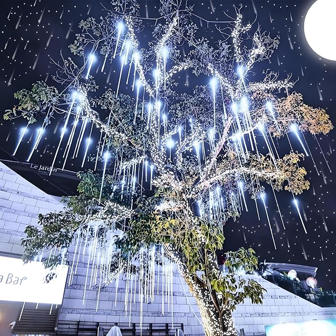 Aukora Christmas String Lights Outdoor, LED Meteor Shower Light 11.8 inch 8 Tubes 192leds, Icicle Snow Falling Lights for Xmas Tree Wedding Party Holiday Garden Thanksgiving Decoration (White)