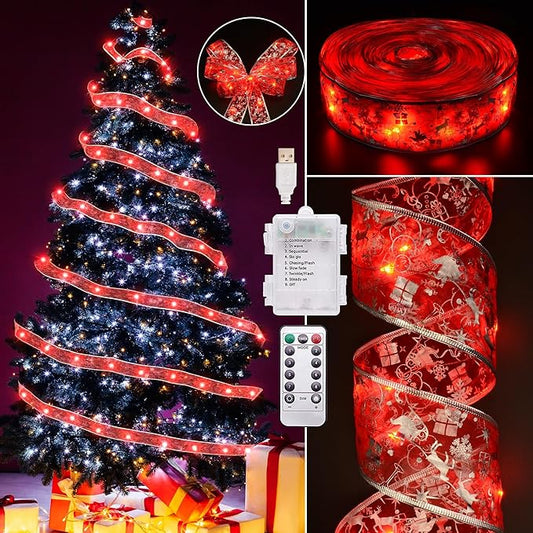 Christmas Decorations, 2.5Inch x 33Ft 100 Led Christmas Tree Ribbon Lights with Remote Control, Battery Operated & USB Powered 8 Lighting Modes Fairy String Lights with Timer for Xmas Decor