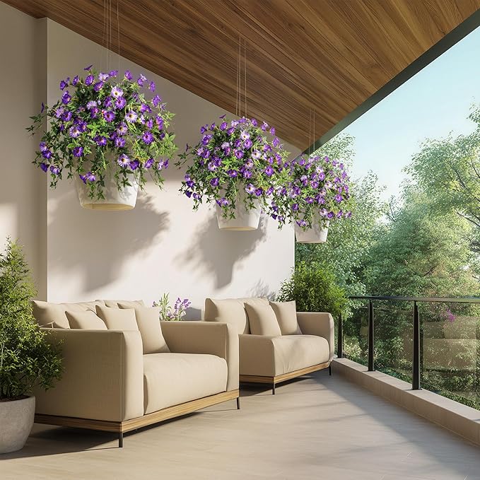 Artificial Flowers Artificial Petunias for Outdoors 2PCS Artificial Hanging Plants Outdoors Silk Flowers with Stems Outdoor Flowers Uv Resistant for Porch Decor Terrace Decor（Purple with Pot）