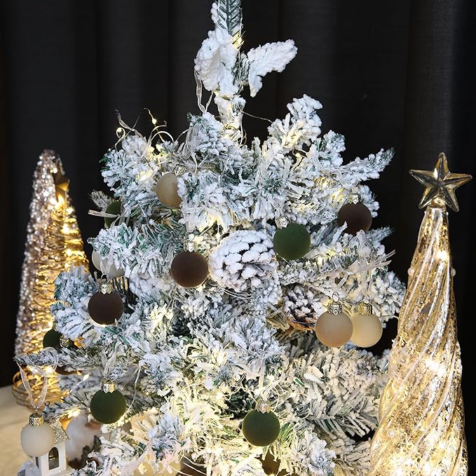 Sea Team 64-Pack Miniature Flocked Velvet Christmas Tree Ball Ornaments Set, Hanging Velour Baubles, Shatterproof Plastic Decorations for Xmas Tree, Wreath, Garland, 30mm/1.18 Inches, Prairie Fall