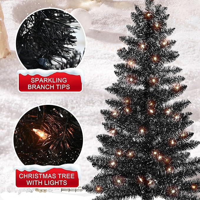 4ft Artificial Full Black Christmas Tree with Separate Lights, Not Pre-lit Mini Black Tinsel Pine Christmas Tree, 50 Lights, Small Xmas Tree for Home, Office, Party Decoration, Indoor