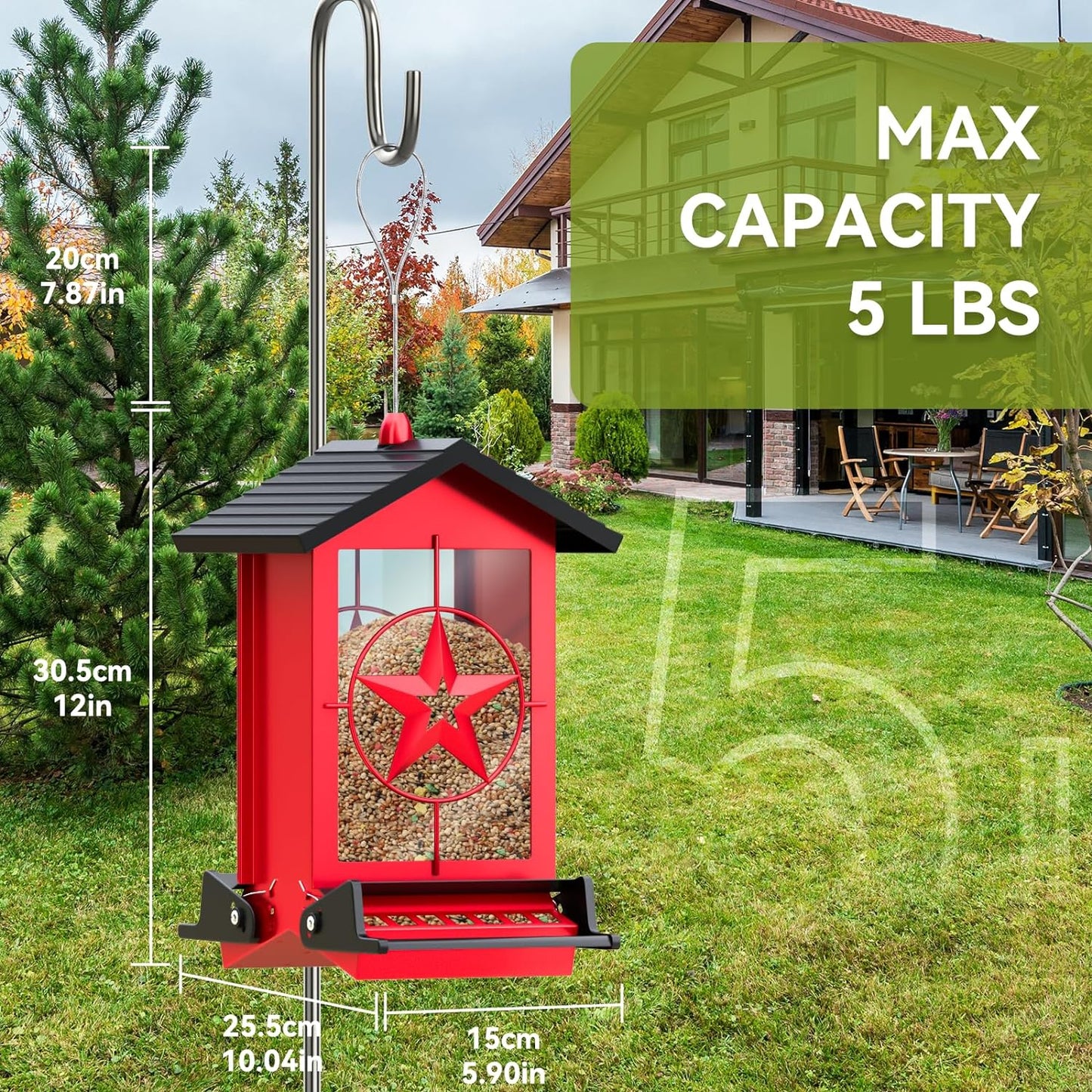 Squirrel Proof Bird Feeder for Outdoors Hanging, Metal Wild Bird Seed Feeder with Bilateral Weight-Activated Perches, 5LB Large Capacity Wild Bird Feeders for Outside Finch, Cardinal, Blue Jay