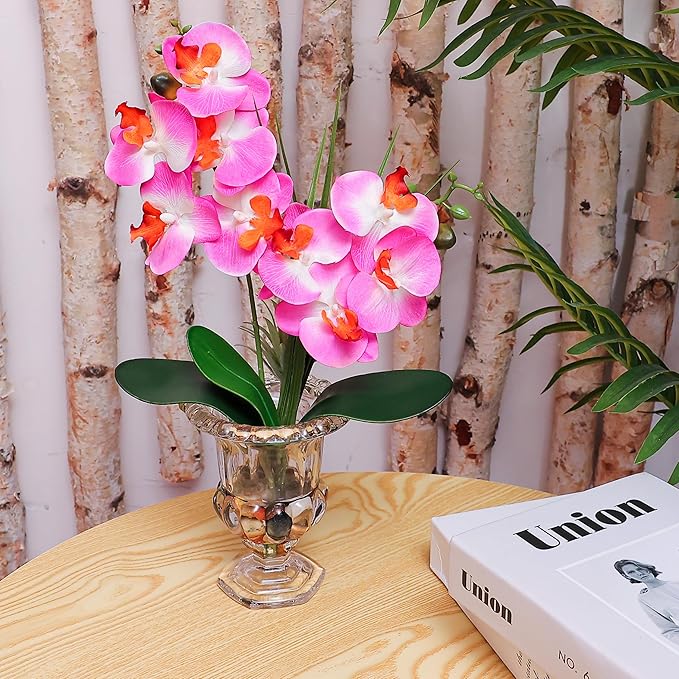 Jusdreen Artificial Purple Orchid Centerpiece, 14.5 Inch Phalaenopsis in Glass Vase with Potting for Home Office Table Decor, Realistic Orchid Arrangement