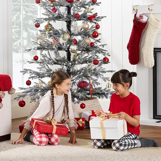 Best Choice Products Pre-Lit Sparse Christmas Tree 6ft Artificial Flocked Pine Holiday Décor Aspen Noble Fir White & Multicolor LED Lights- Black