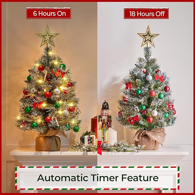 Yaheetech Set of 2 Pre-Lit Artificial Mini Christmas Tree, 2ft Frosted Tabletop Small Christmas Tree with LED Lights, Red Berries & Natural Pinecones for Holiday Decoration