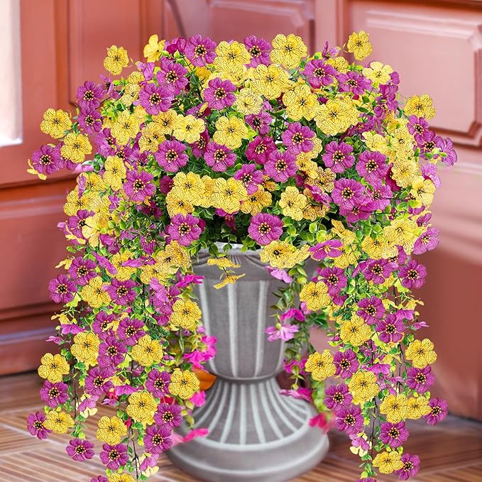 Artificial Flowers for Outdoors 6PCS，All Weather Fade Proof, UV Resistant Waterproof Realistic Faux Silk Mums Daisies Purple & Yellow for Hanging Planters Porch Patio Balcony Deck Fence Garden Decor