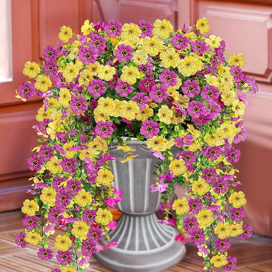 Artificial Flowers for Outdoors 6PCS，All Weather Fade Proof, UV Resistant Waterproof Realistic Faux Silk Mums Daisies Purple & Yellow for Hanging Planters Porch Patio Balcony Deck Fence Garden Decor