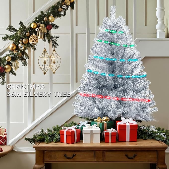 Silvery 3ft Christmas Tree with Lights, Small 36inch Artificial Tree Mini Table Top Decorations, Xmas Desk Tree with 80 Colored Lights, 200 Branch, Holiday Decor for Home,Indoor Office Tabletop